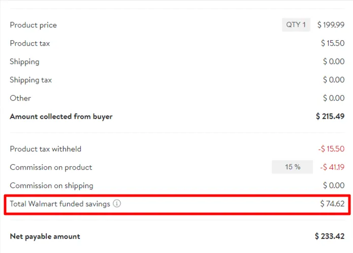 Walmart order breakdown: $199.99 item with $74.62 in Walmart funded savings and a $233.42 net payable
