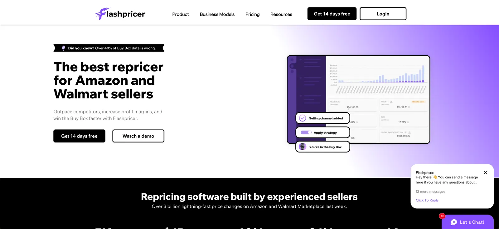 Flashpricer homepage: "The best repricer for Amazon and Walmart sellers" with a dashboard preview
