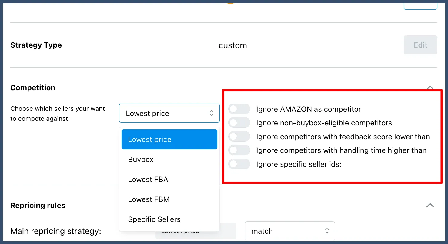 Competition filters: ignore Amazon, non-Buy Box-eligible sellers, low feedback, long handling time, or specific seller IDs