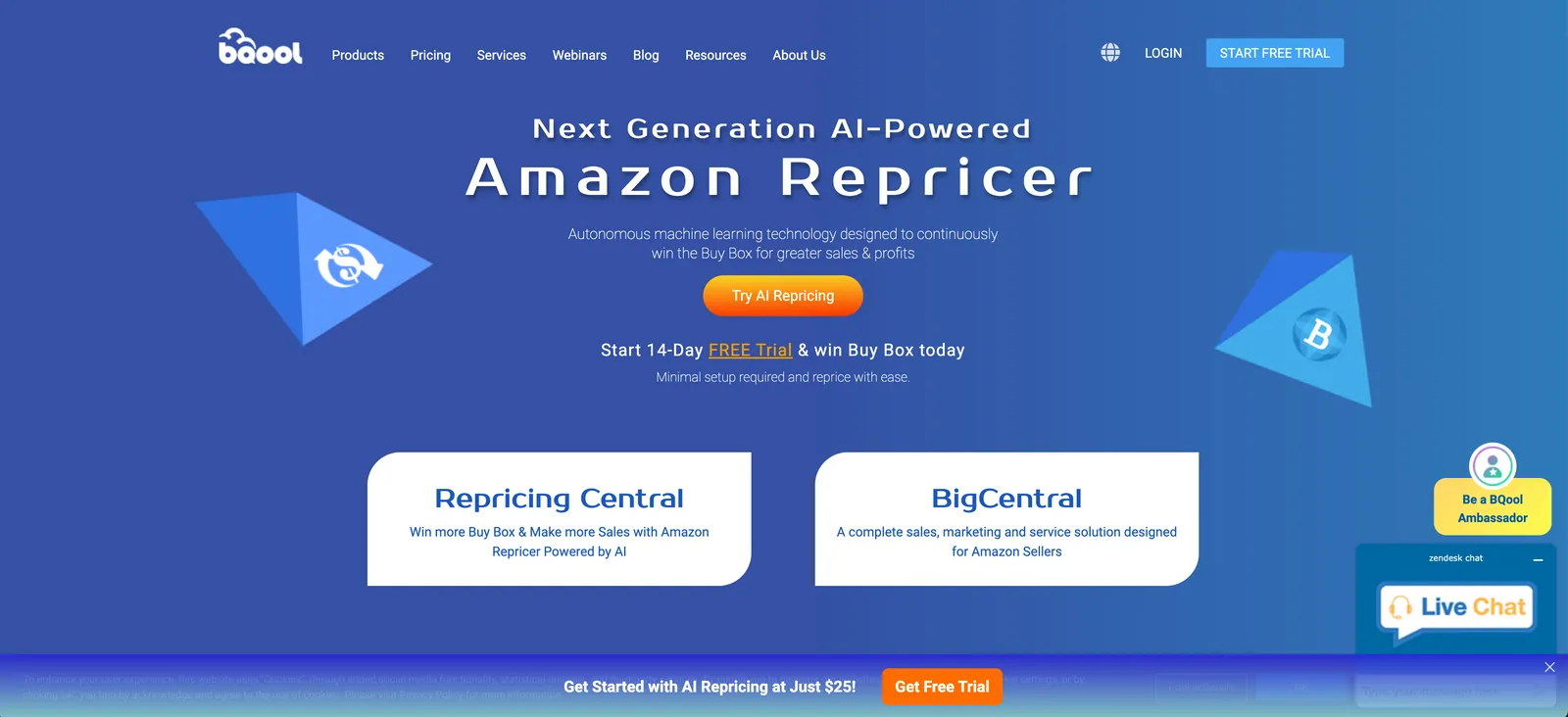 BQool homepage: "Next Generation AI-Powered Amazon Repricer" with Repricing Central and BigCentral