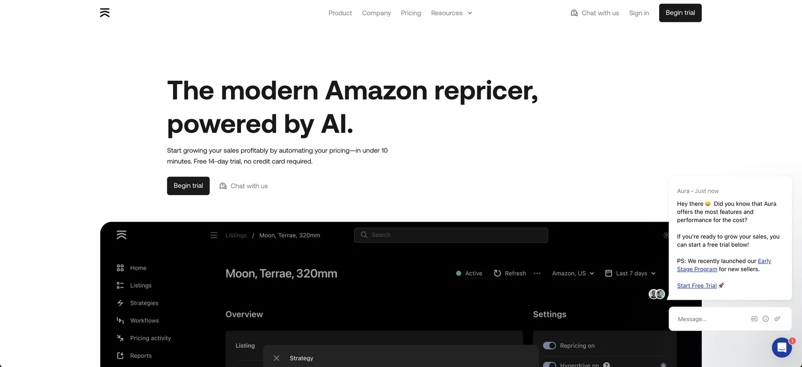 Aura homepage: "The modern Amazon repricer, powered by AI." above a listing dashboard