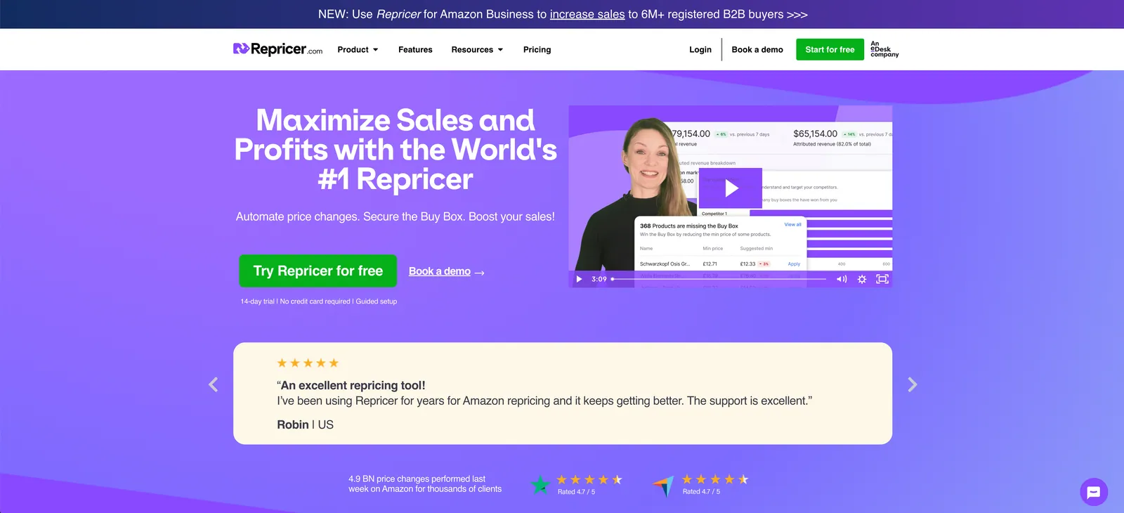 Repricer.com homepage: "Maximize Sales and Profits with the World's #1 Repricer" with a demo video