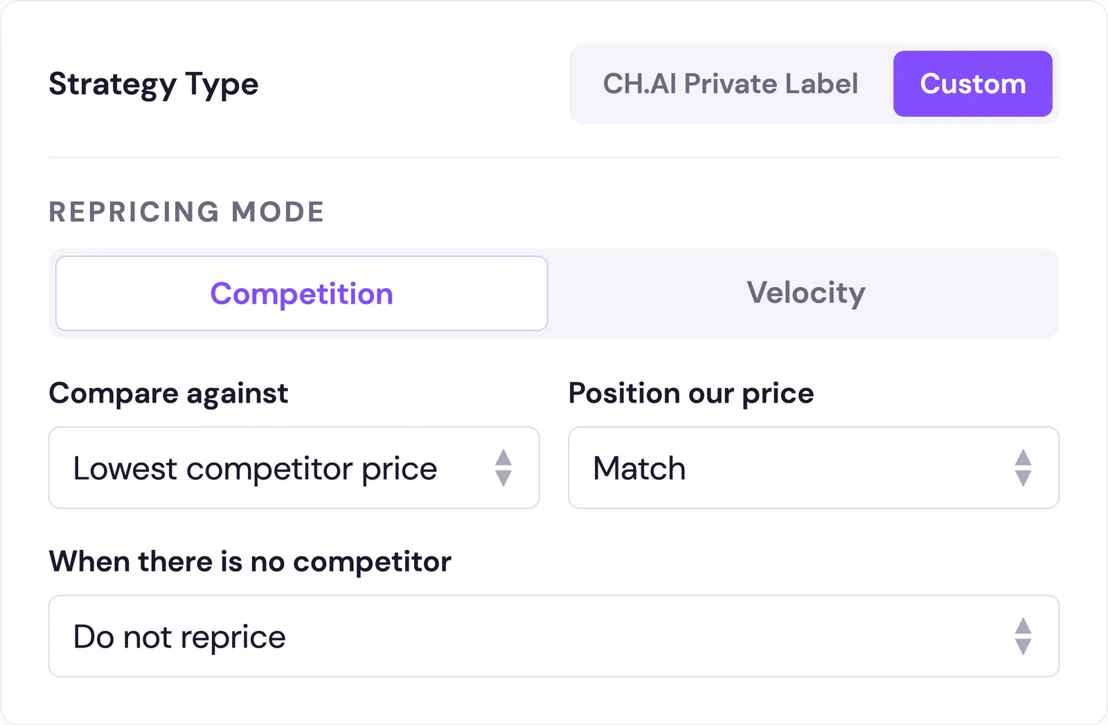 Custom strategy in Competition mode: compare against lowest competitor price, position price to match