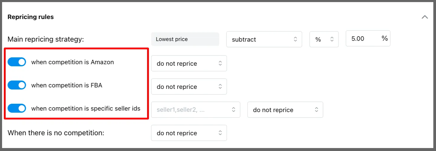 Repricing rules with toggles for when competition is Amazon, FBA, or specific seller IDs, each set to do not reprice