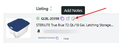 Arrow pointing to the Add Notes icon next to a listing's SKU