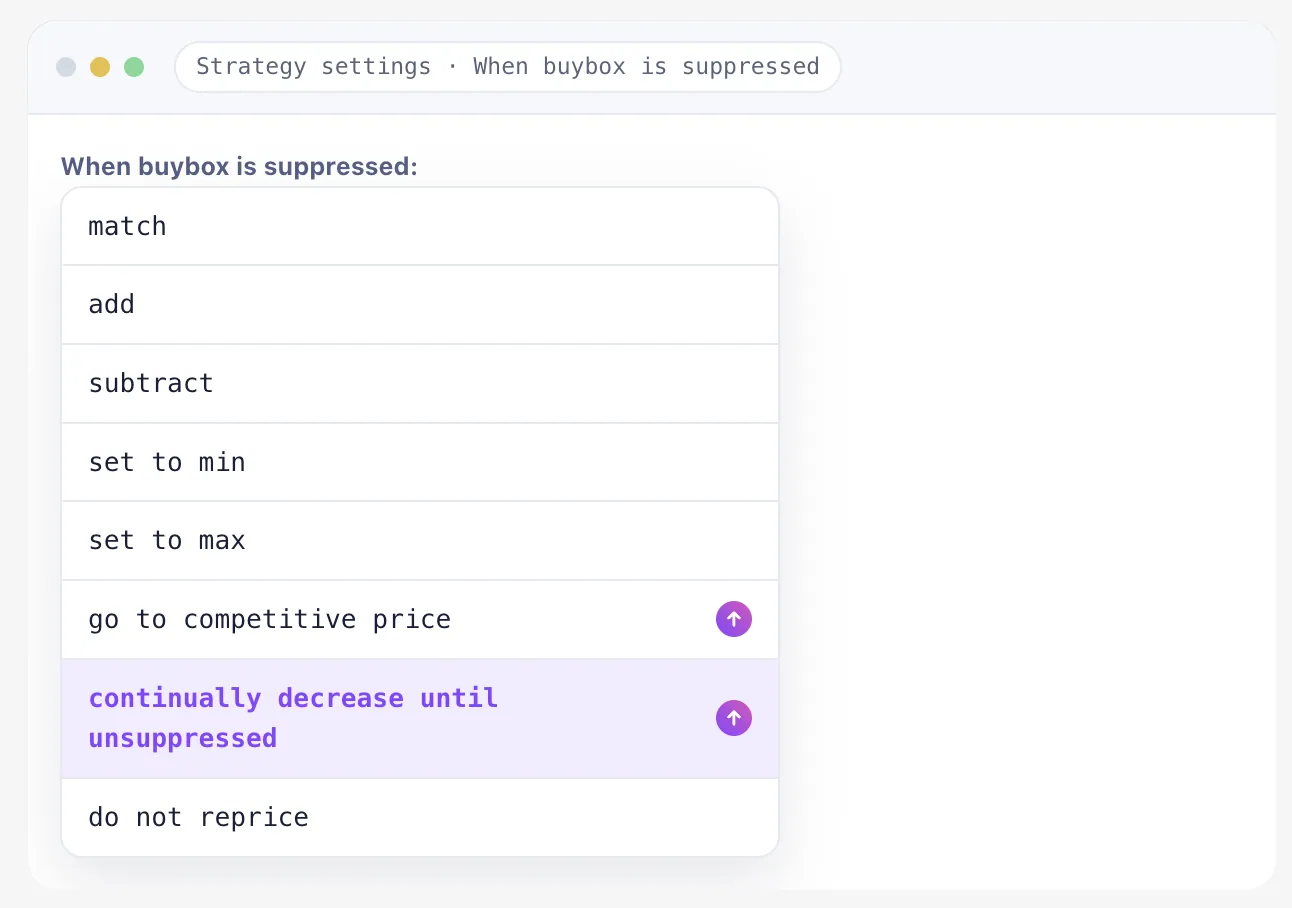"When buybox is suppressed" options, with "continually decrease until unsuppressed" highlighted