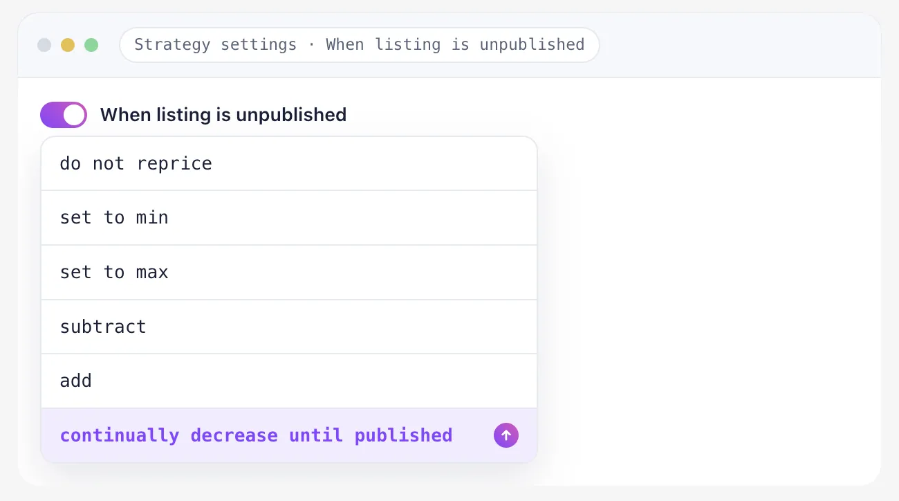 "When listing is unpublished" options, with "continually decrease until published" highlighted