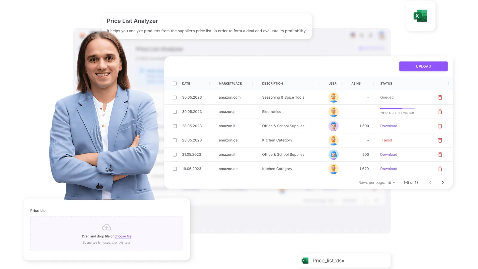 Seller Assistant Price List Analyzer: uploaded supplier price lists with marketplace, ASIN count and status