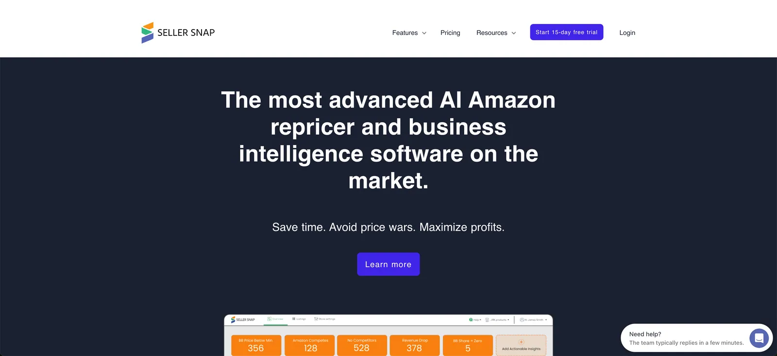 Seller Snap homepage: "The most advanced AI Amazon repricer and business intelligence software on the market."