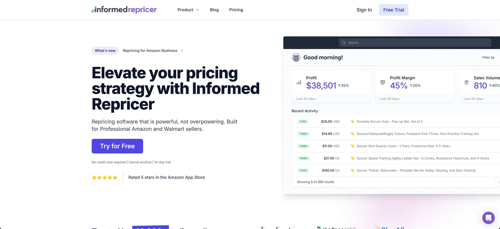 Informed Repricer homepage: "Elevate your pricing strategy with Informed Repricer" beside a profit dashboard