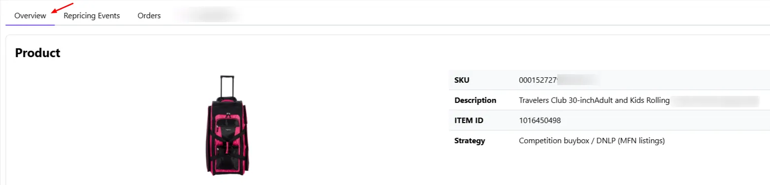 Product Overview tab showing the item image, SKU, description, item ID and assigned strategy