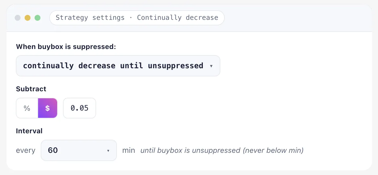 Continually decrease setting: subtract $0.05 every 60 minutes until the Buy Box is unsuppressed, never below min