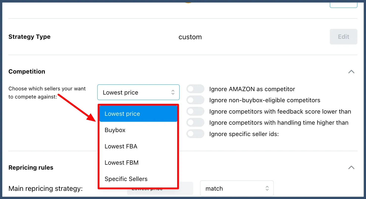 Competition dropdown: Lowest price, Buybox, Lowest FBA, Lowest FBM or Specific Sellers