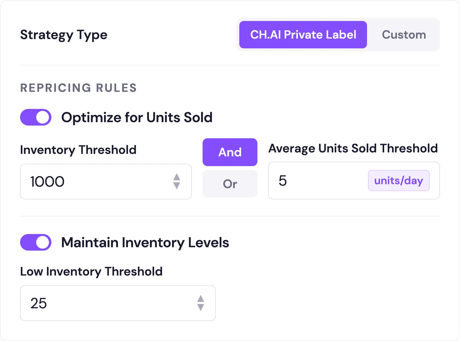CH.AI Private Label strategy: optimize for units sold (inventory 1000, 5 units/day) and maintain inventory (low at 25)