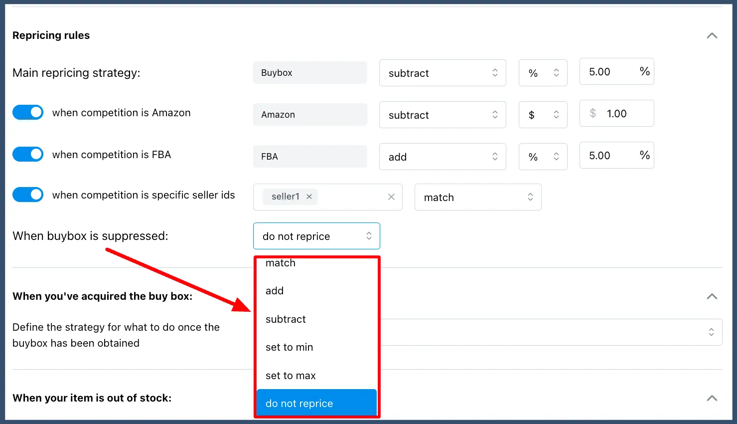 Flashpricer repricing rules: "When buybox is suppressed" dropdown with match, add, subtract, set to min/max, do not reprice